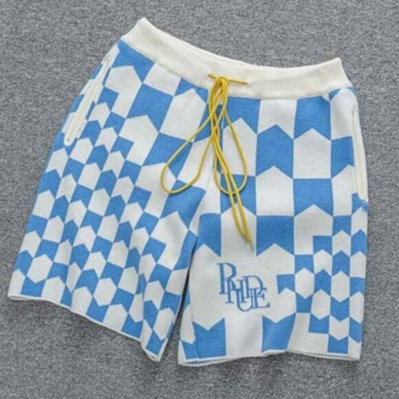 Rhude Geometric Jacquard Knit Racing Shorts Blue And White - Picture 1 of 14